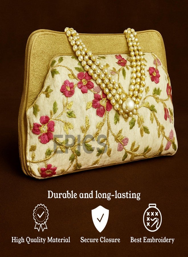 Epics Elegant Embroidered Floral Clutch for Women - Premium Pearl Handle Wedding Party Bag with Rich Multi-Color Threadwork, Golden Base & Zip Closure - Perfect for Bridal, Festive & Gifting Purposes - Image 5